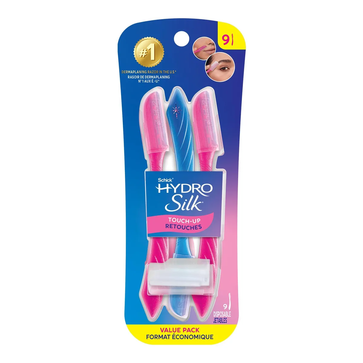 Nine multicolour dermaplane razors with precision covers in a pack