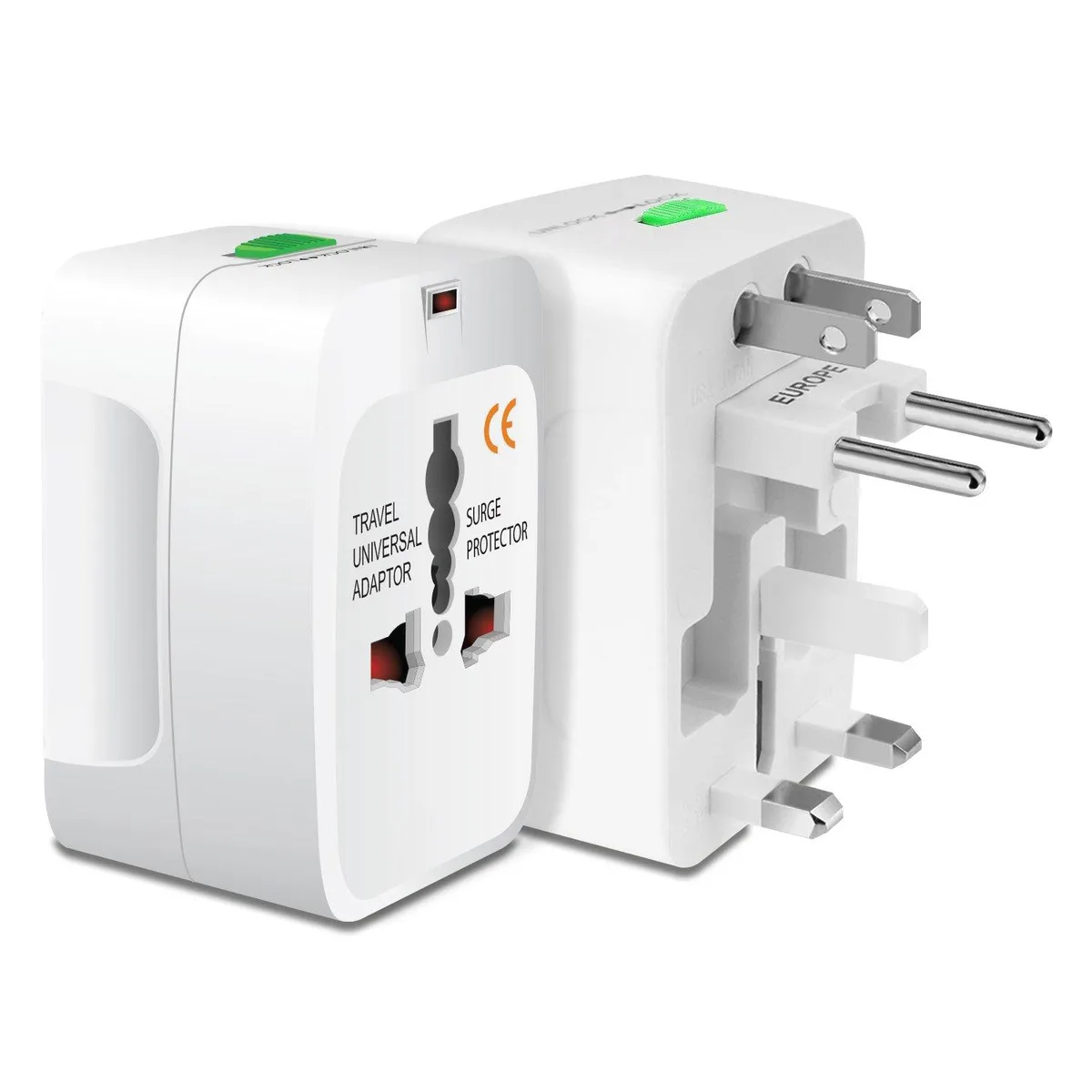 White universal travel adapter with retractable pins, indicator light and travel pouch