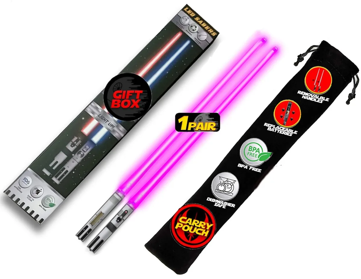 Pink lightsaber chopsticks with removable handles in gift box and carry case