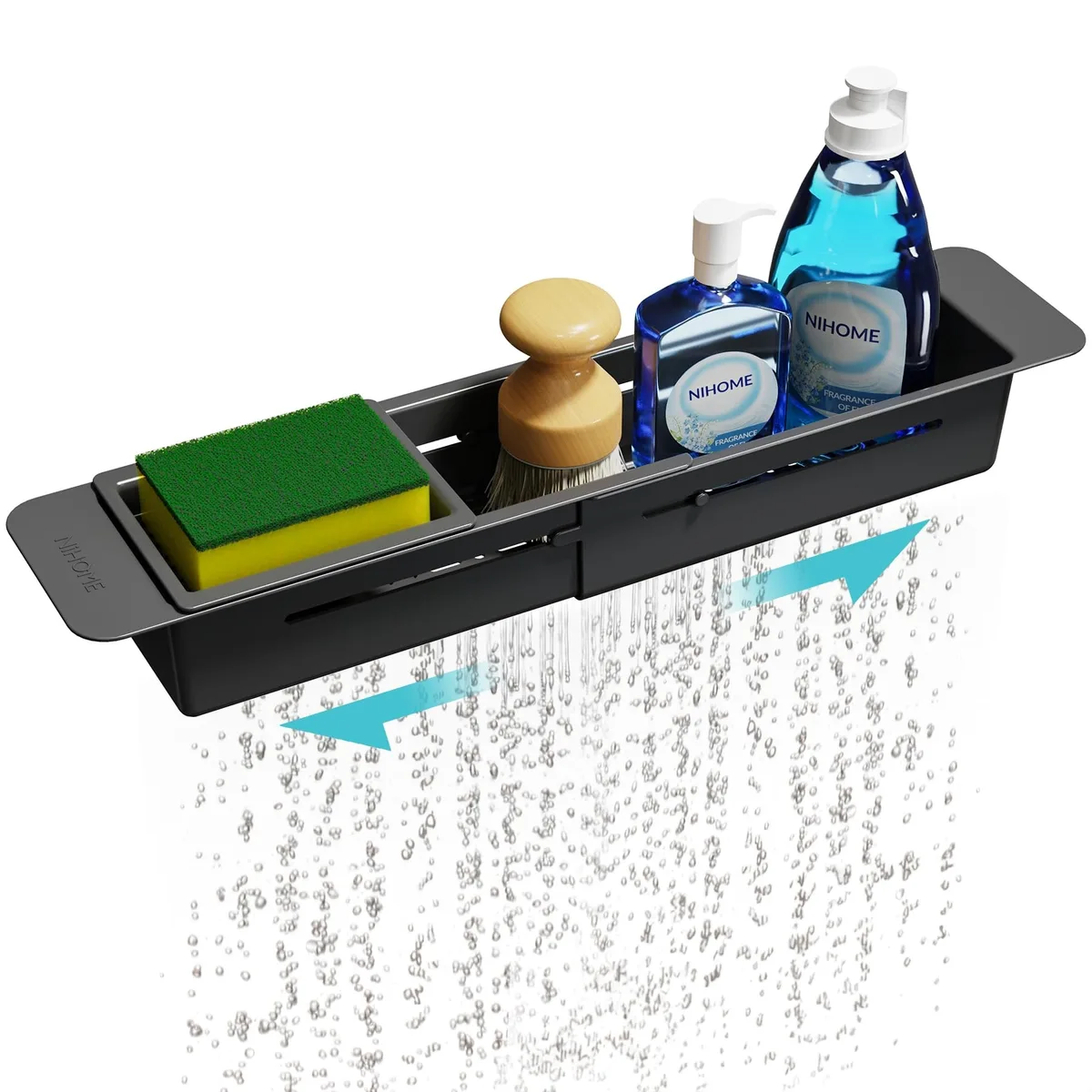 Black extendable sink caddy with drainage holes and non-slip pads, spans up to 16 inches