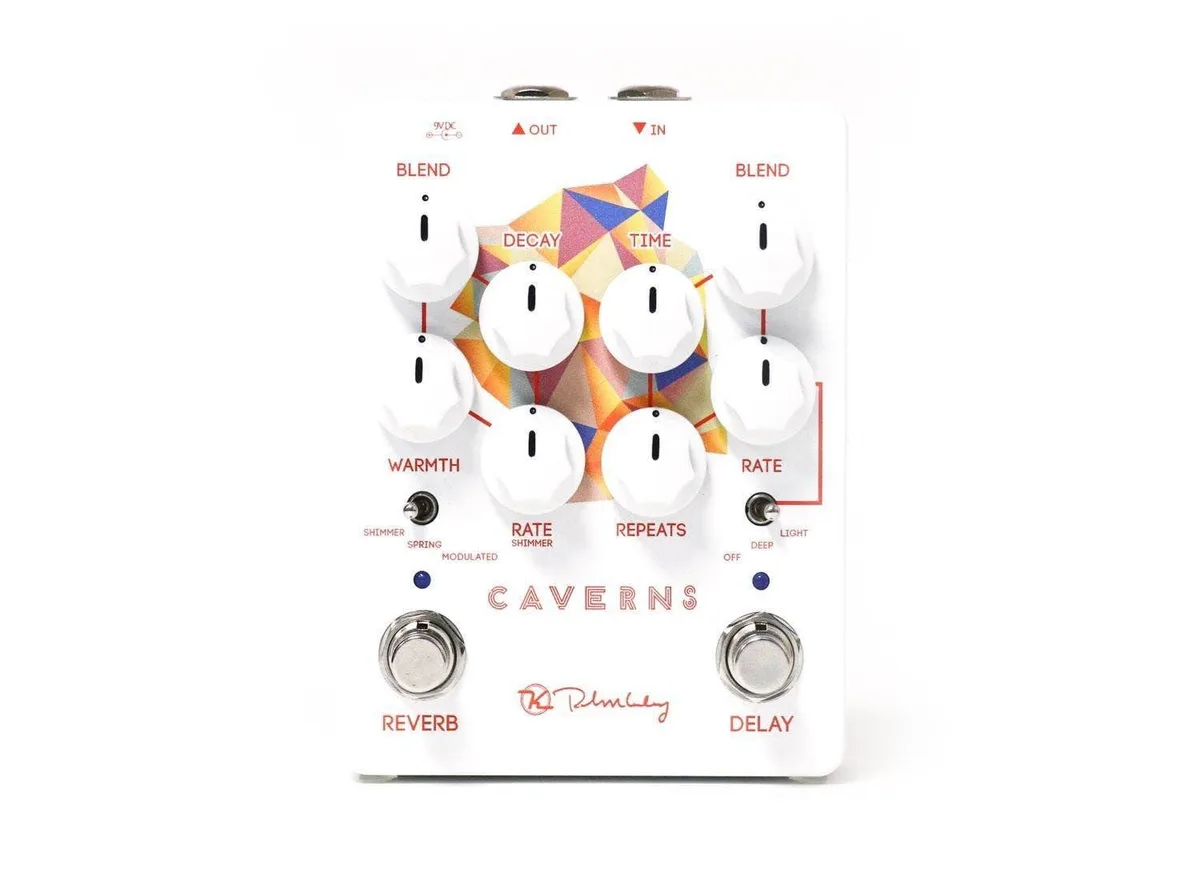 White guitar effects pedal with three control knobs and two footswitches