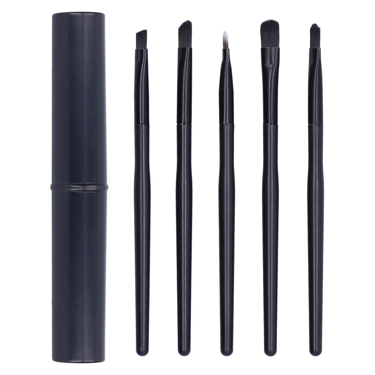 Five small brushes with plastic handles in a rectangular storage box