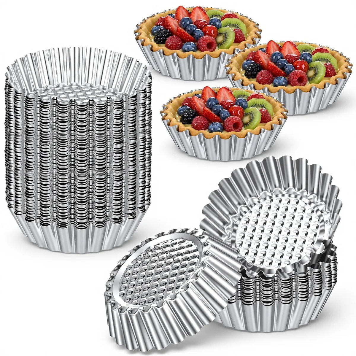 Fifty silver stainless-steel square tart pans with fluted edges, 3.8 inches wide