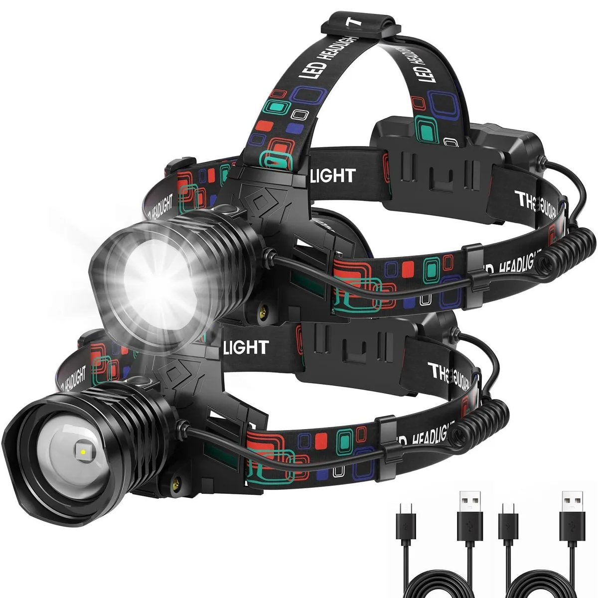 Two silver aluminium headlamps with adjustable straps and USB-C ports, packaged together
