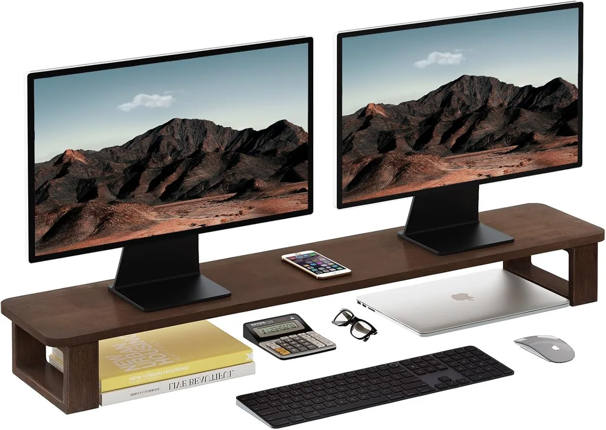 PISKEKAT PISKEKAT Dual Monitor Stand Riser 2 Heights Adjustable Wood 220LBS — product photo