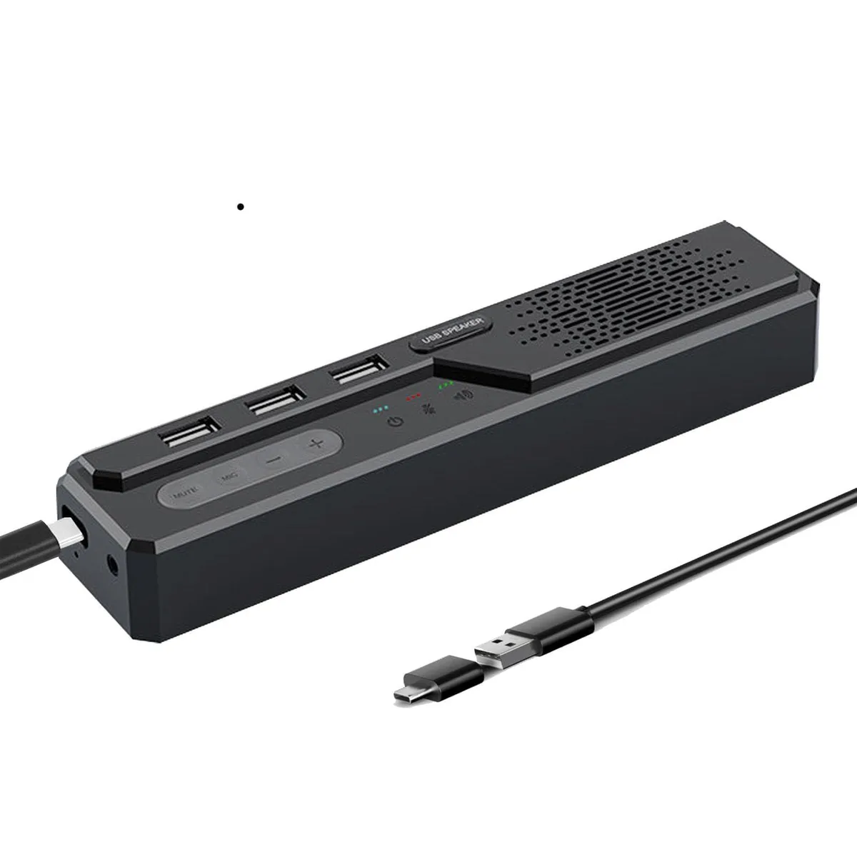 Compact 360° conferencing speaker with 5 USB ports and 1.8m cable