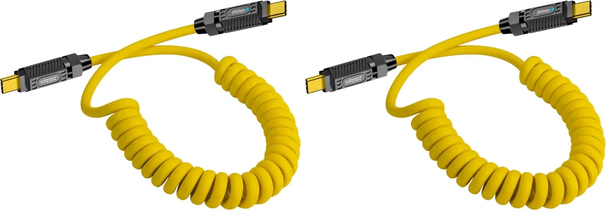 Two yellow coiled USB-C cables, each stretching from 1.5 to 5 feet, silicone finish