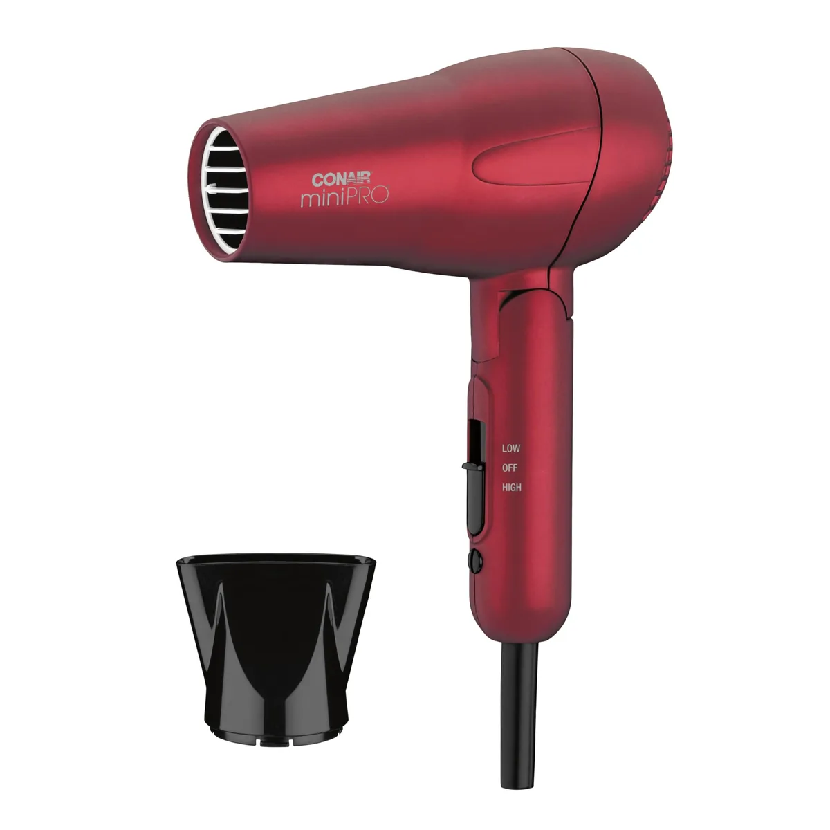 Red folding travel hair dryer with compact handle and concentrator nozzle
