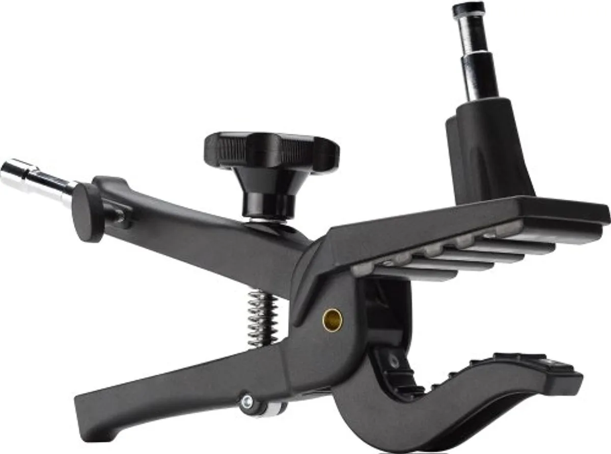 Black metal gaffer grip with adjustable jaws and removable 5/8 inch pin