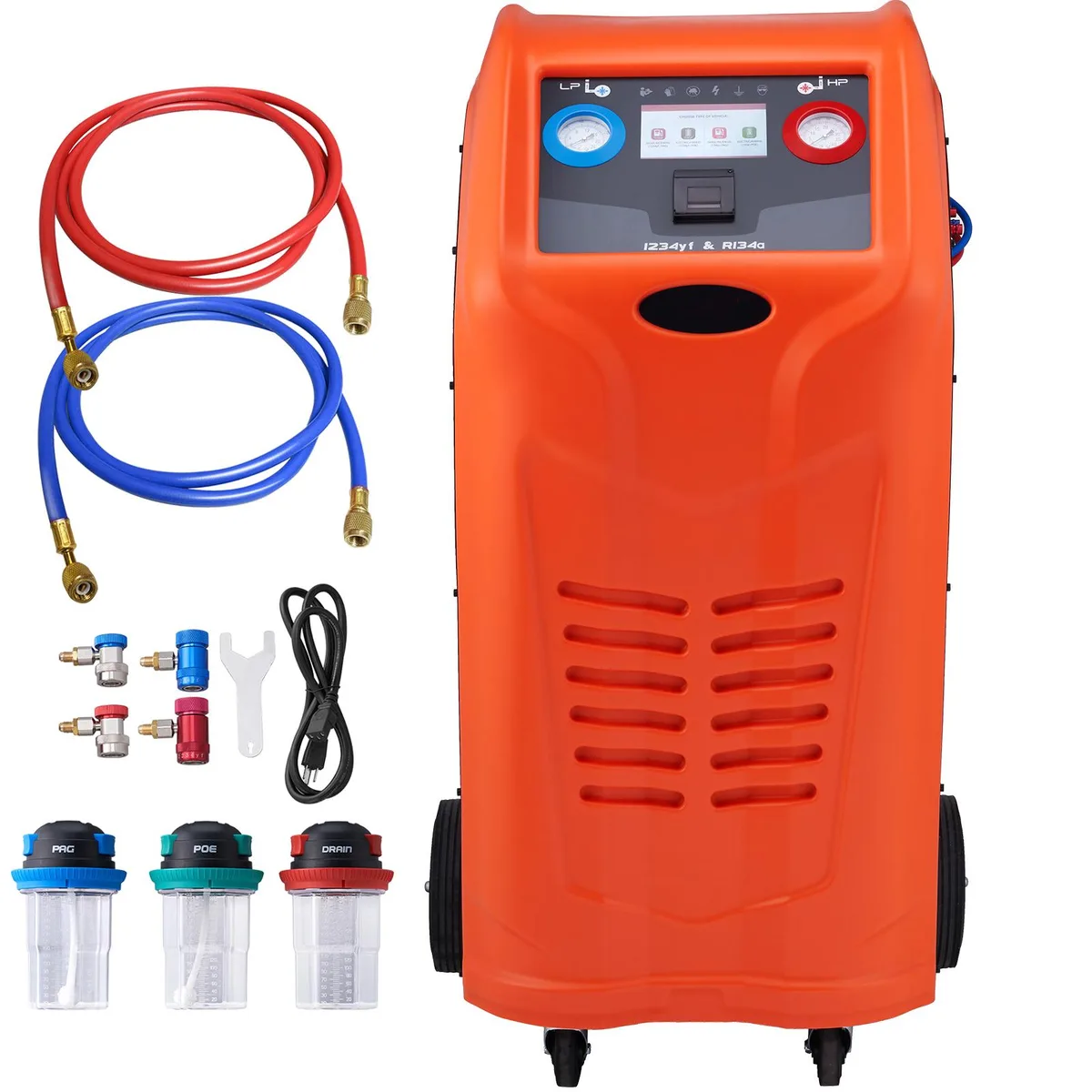 Large wheeled cabinet with dual cylinders, 7-inch screen, hoses and oil bottles