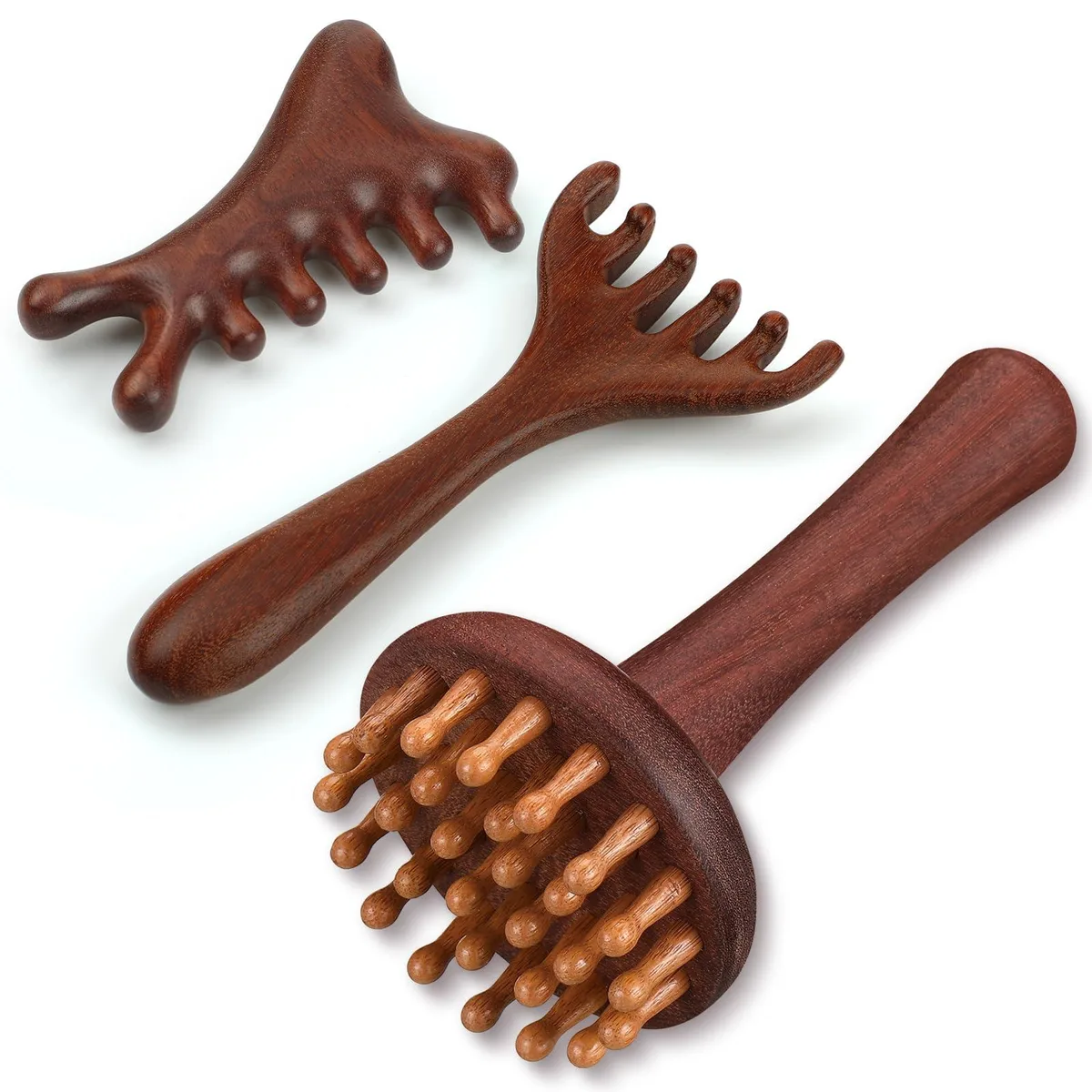 Three wooden scalp massager combs with long handles, natural wood finish