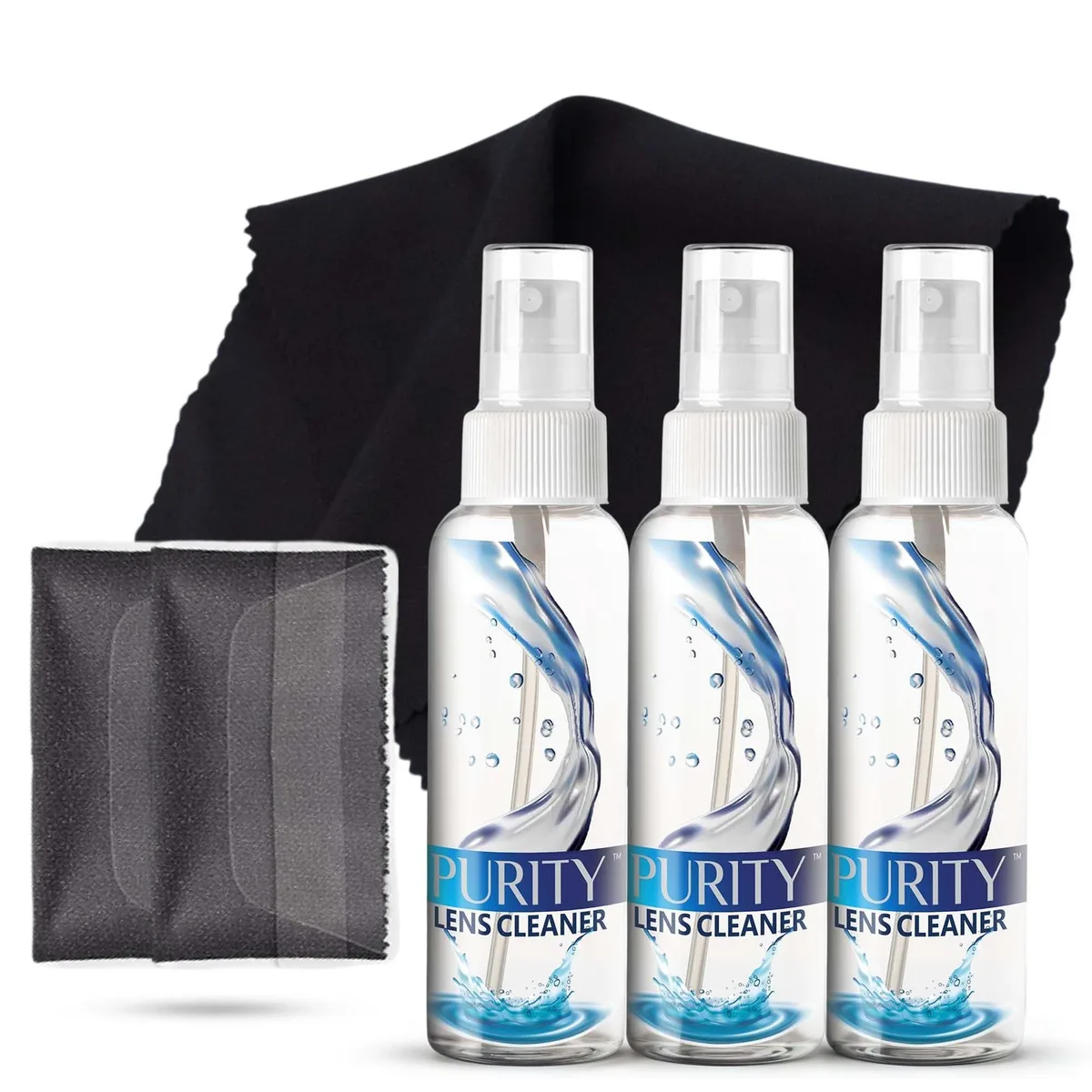 Three small spray bottles and two folded microfiber cloths on a white background