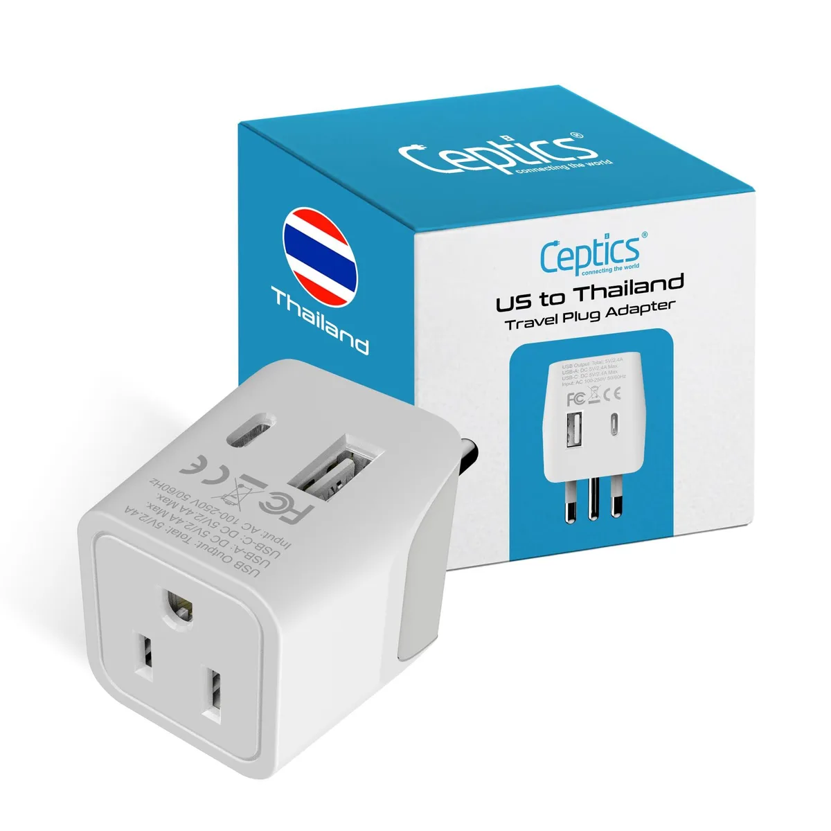 Compact gray-white Thailand Type O adapter with USB-C, USB-A and US socket, 1.6 by 1.6 by 2.6 inches