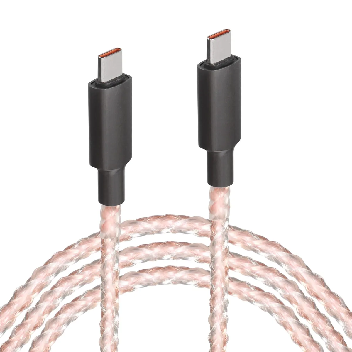 Black USB-C to USB-C cable with glowing RGB fibre, zinc-alloy plugs, 3.3 ft