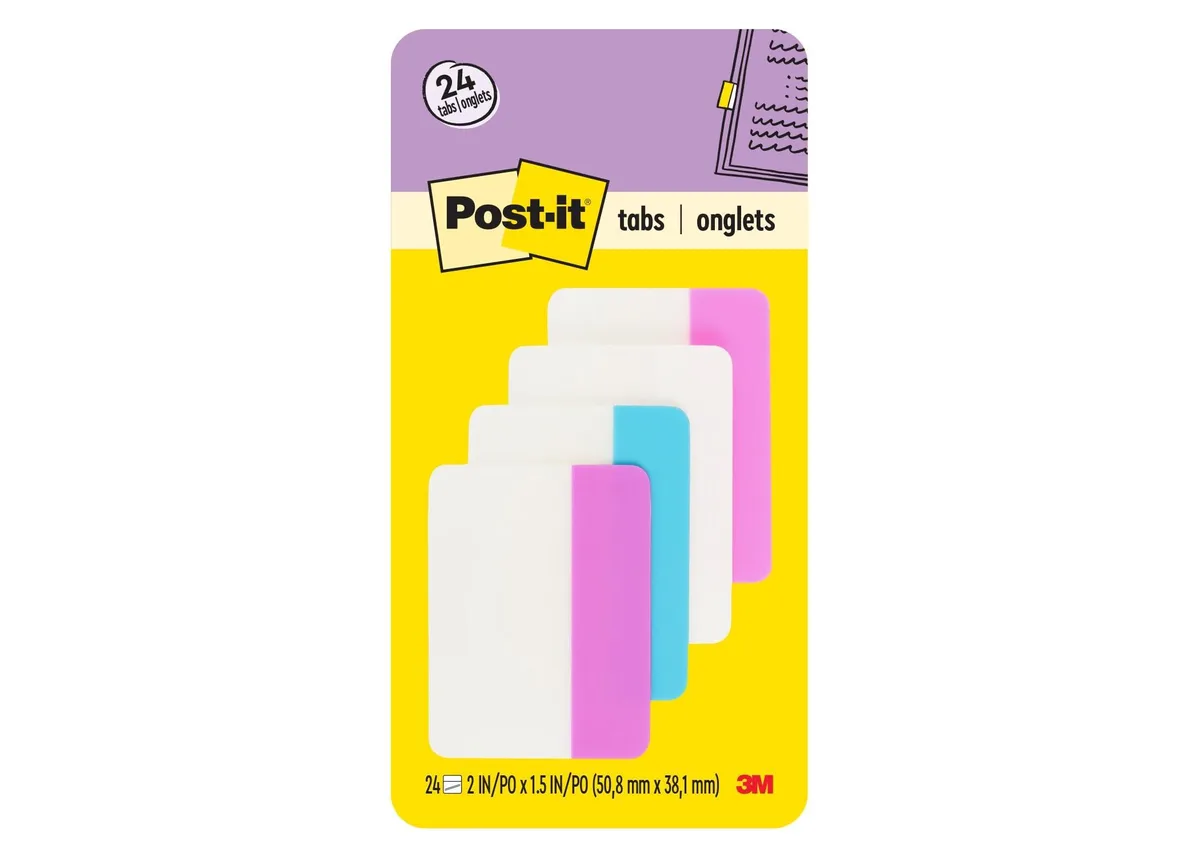 Pack of 24 small rectangular sticky tabs in pink white blue and purple