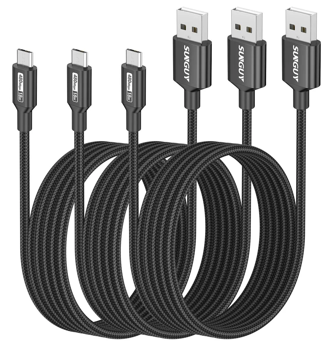  GE Micro USB 2.0 Cable 6 ft 3-Pack Braided Black 18W 480Mbps — product photo