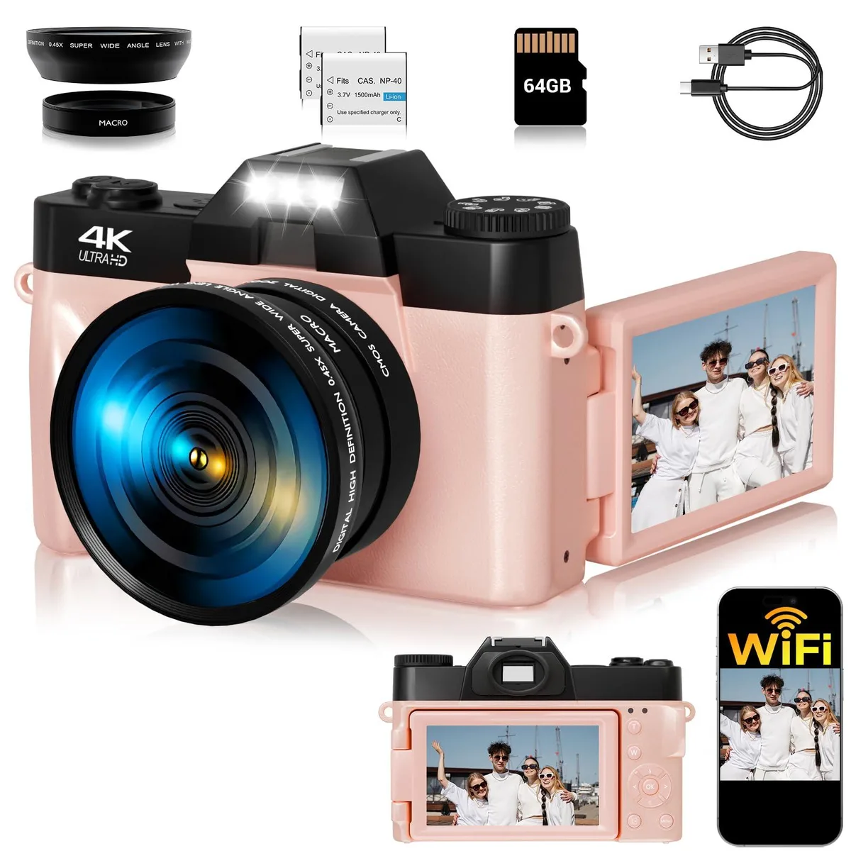  SMARTKLIK Digital Camera R10 Pink 48MP 75MP 4K 16x Zoom 3" 180° Flip 64GB Card 2 Batteries — product photo