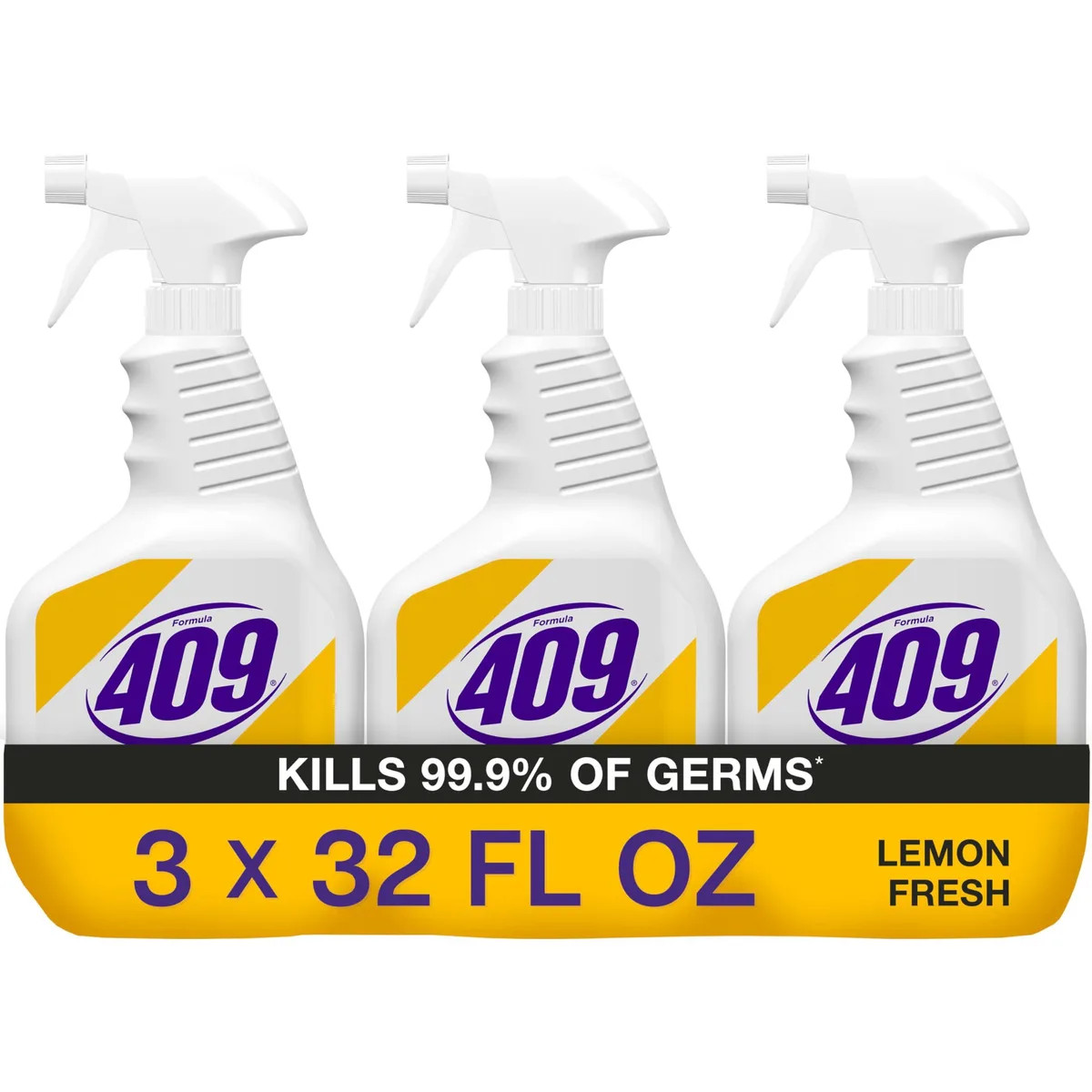 Three 32 oz spray bottles of Formula 409 Multi-Surface Cleaner in Lemon Fresh scent