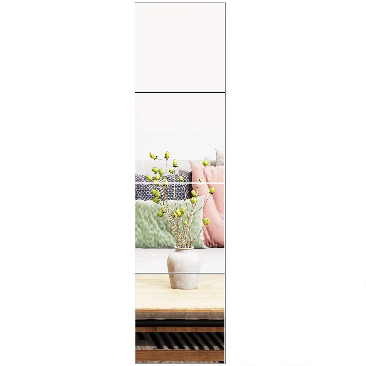 Four frameless square mirror tiles with silver glass finish
