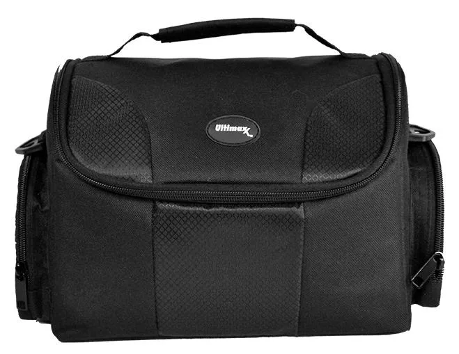 Black padded camera case with water-resistant fabric, top handle, side and rear mesh pockets, adjustable shoulder strap