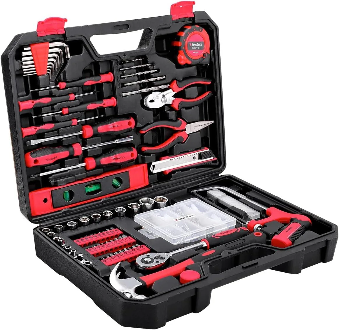 Black plastic tool chest with 226-piece hand tool assortment including wrenches, sockets, screwdrivers, hammer, pliers, and fasteners