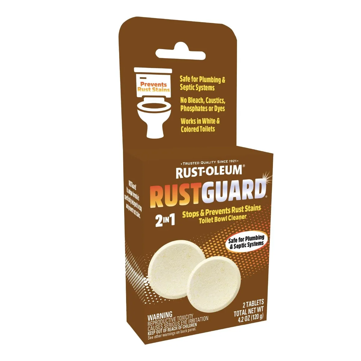 White cardboard box containing two rust stain remover tablets