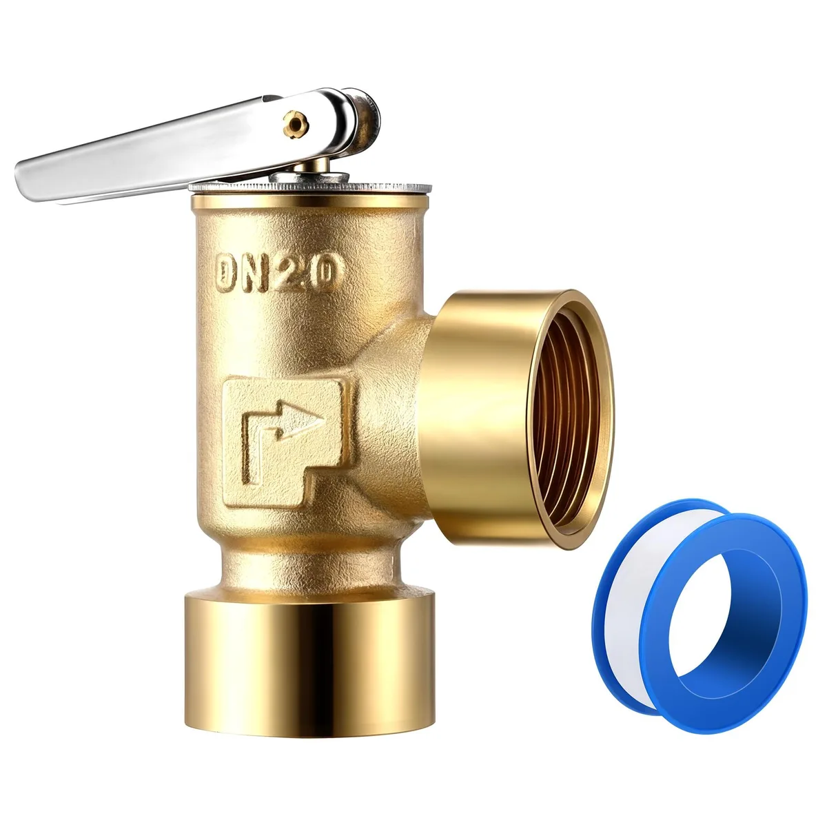 Brass pressure relief valve with PTFE tape roll, 3/4 inch FNPT connections, 30 PSI rating