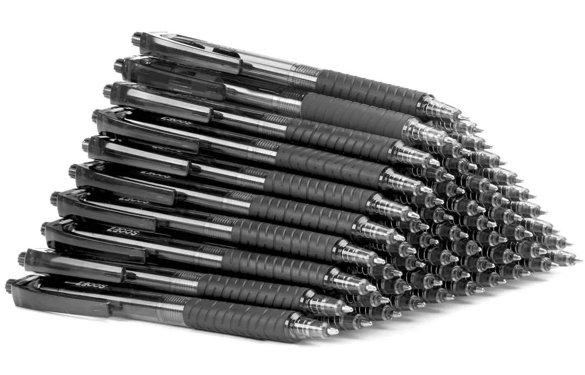 Box of forty blue retractable ballpoint pens with soft rubber grips and pocket clips