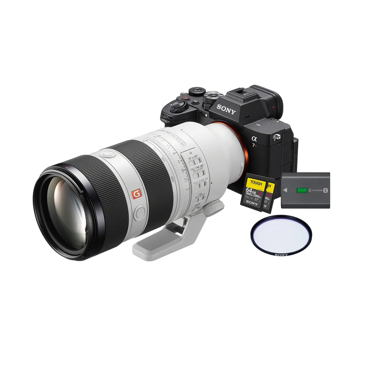 Sony Alpha 7R V mirrorless camera body with 70-200mm f/2.8 GM2 lens attached