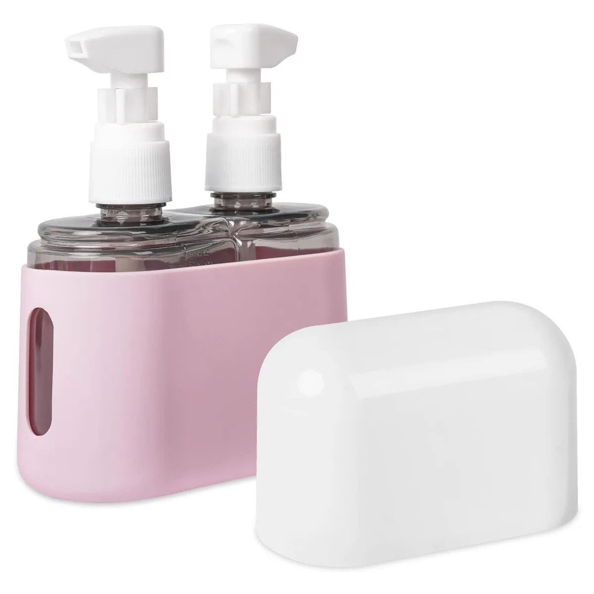 Pink transparent travel bottles with dust-proof covers and leak-proof buckles in a portable case