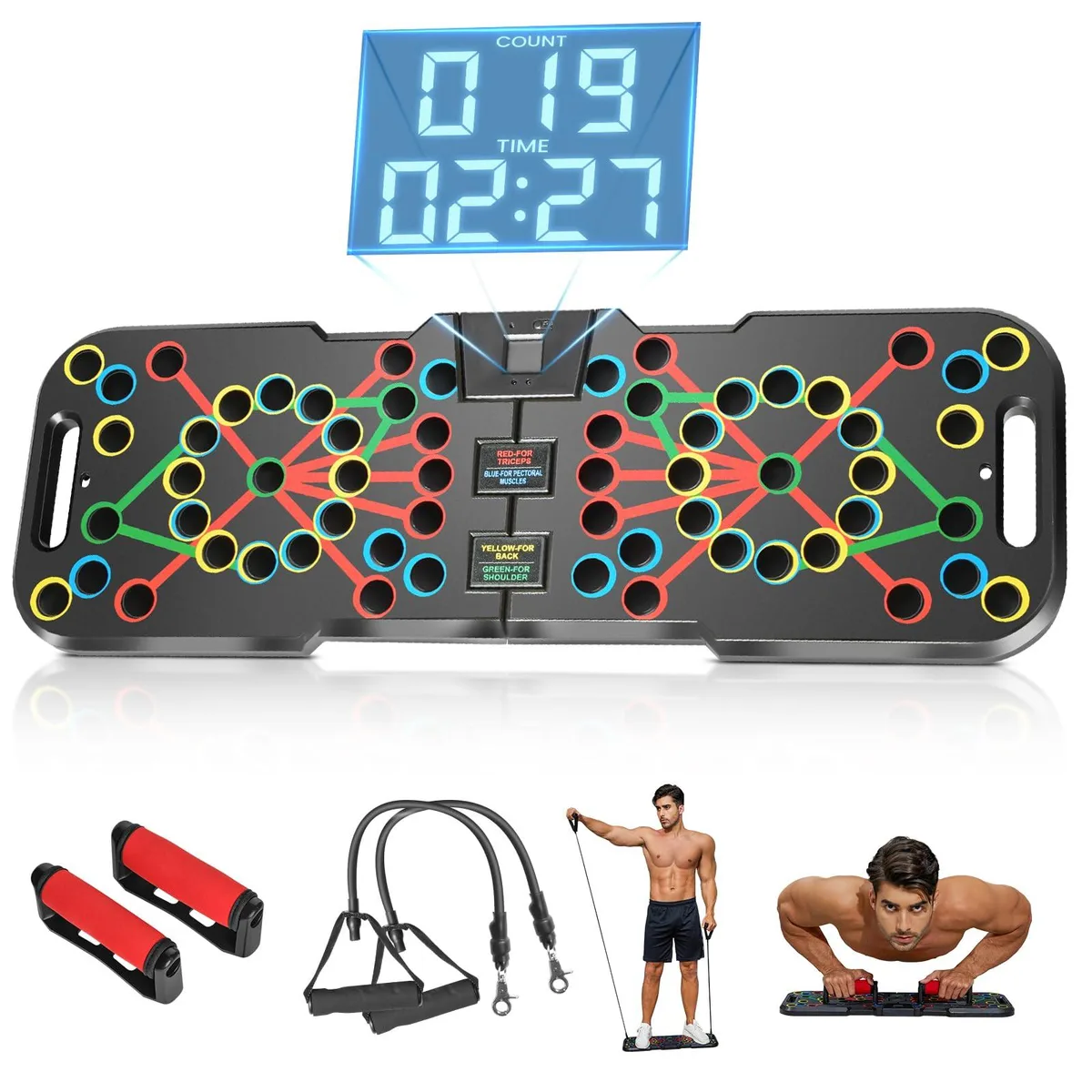 Rectangular ABS push-up board with colour-coded grip holes, digital counter display and foam handles