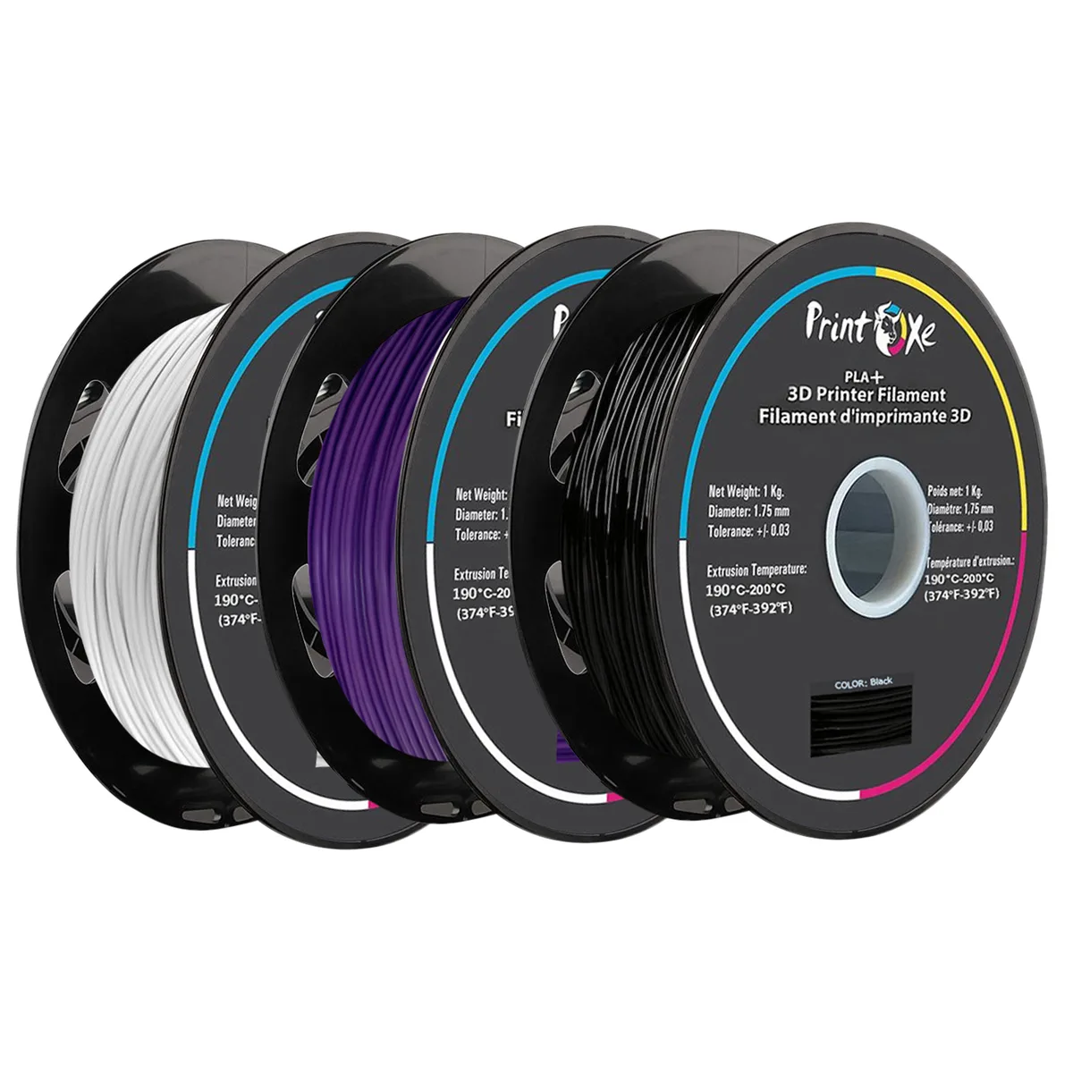 PrintOxe PrintOxe PLA+ Pro 3 Pack White Purple Black 1.75 mm 1 Kg each +/- .03 mm 3d printers accessory — product photo