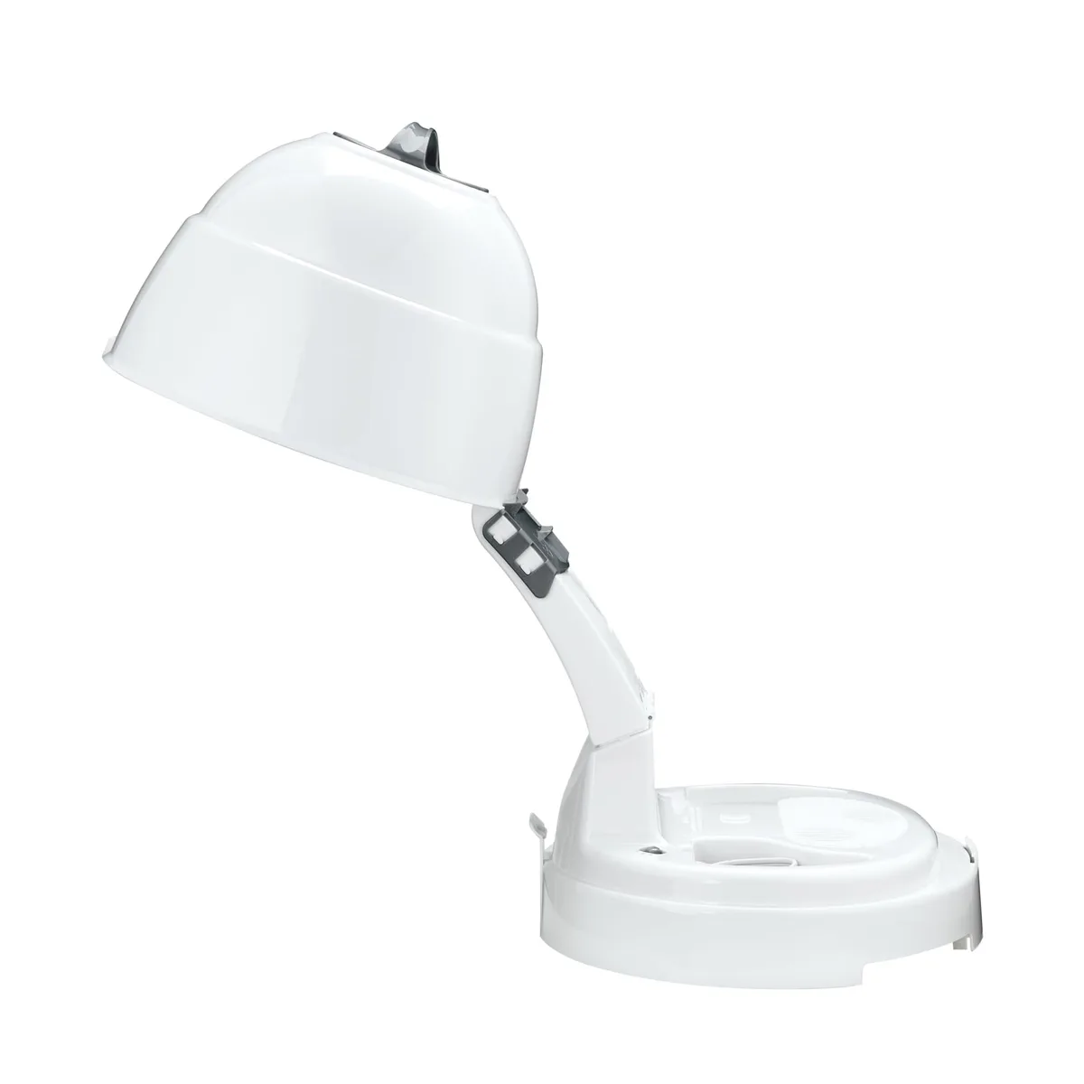 White tabletop bonnet hair dryer with adjustable hood and carrying handle