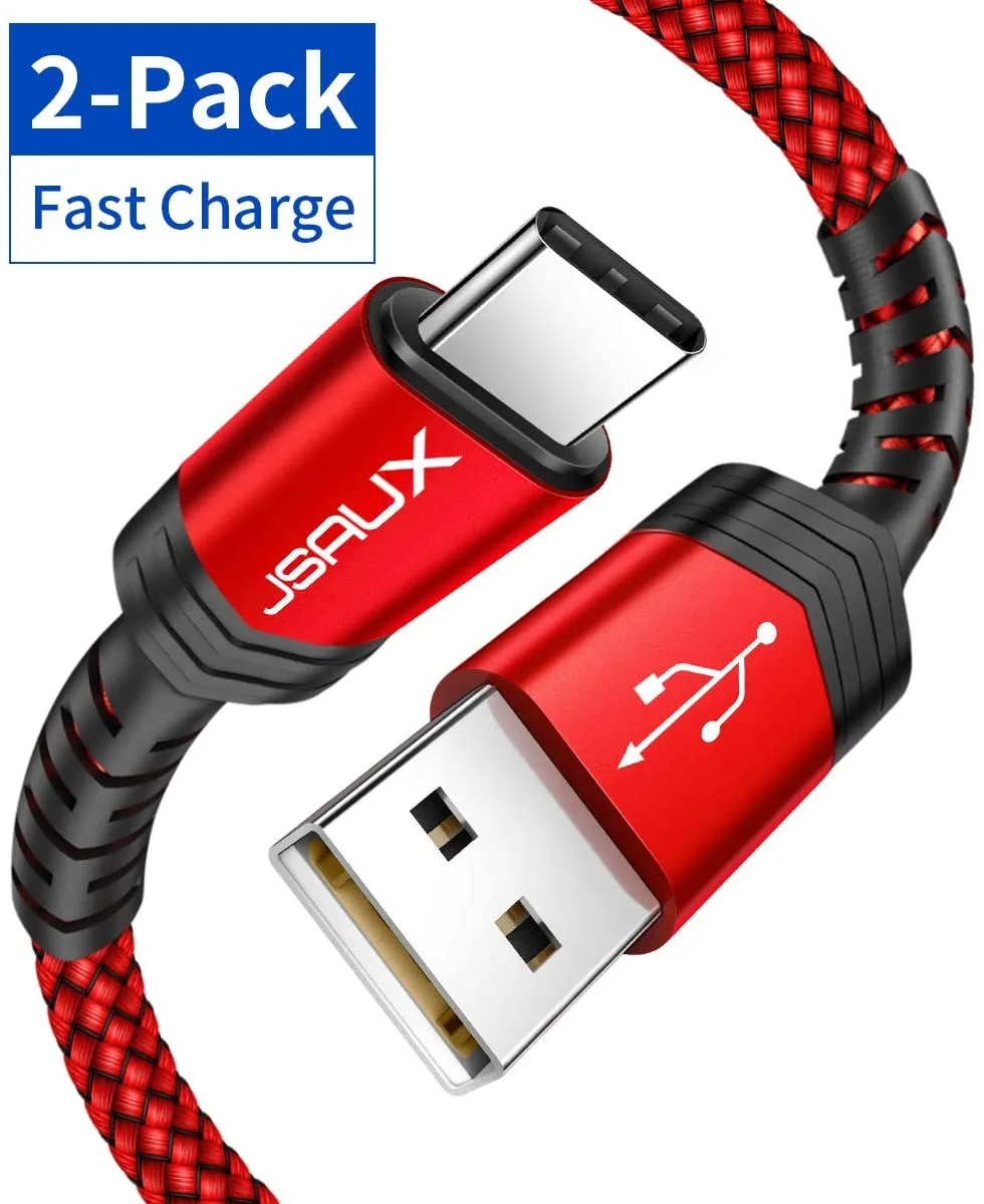 Two red braided USB-A to USB-C cables, 6.6ft each, aluminum connectors
