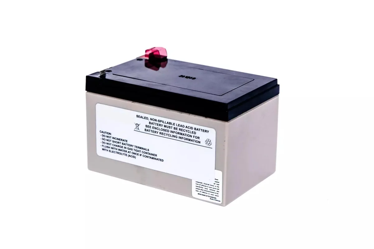 Rectangular sealed lead-acid battery cartridge, dark grey plastic casing, terminal posts on top