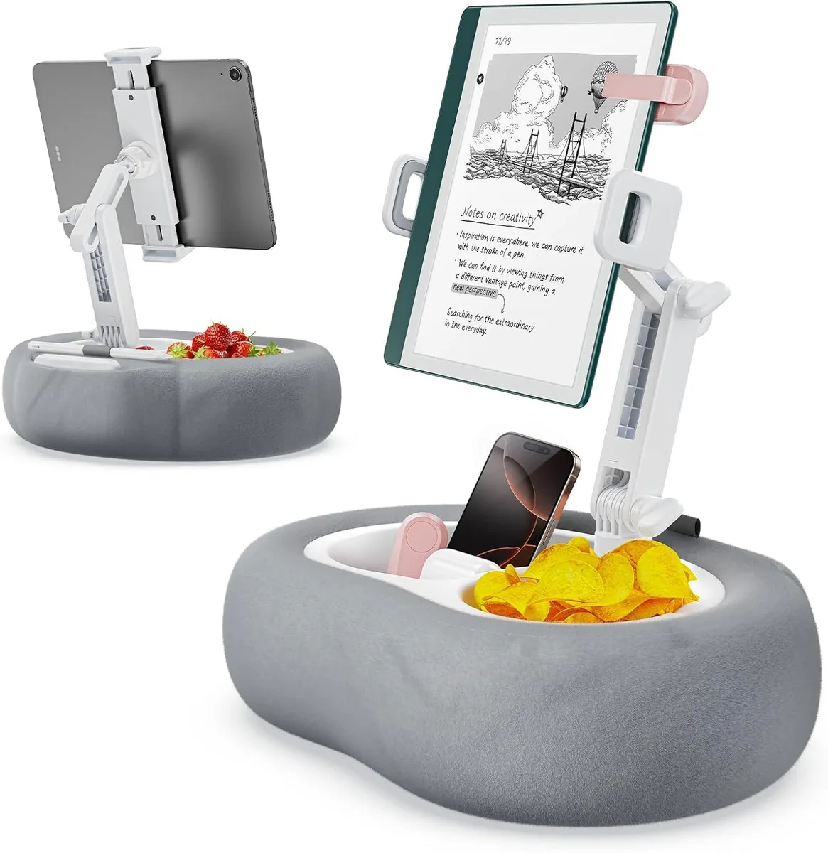 Gray fabric pillow stand with adjustable holder and two detachable trays