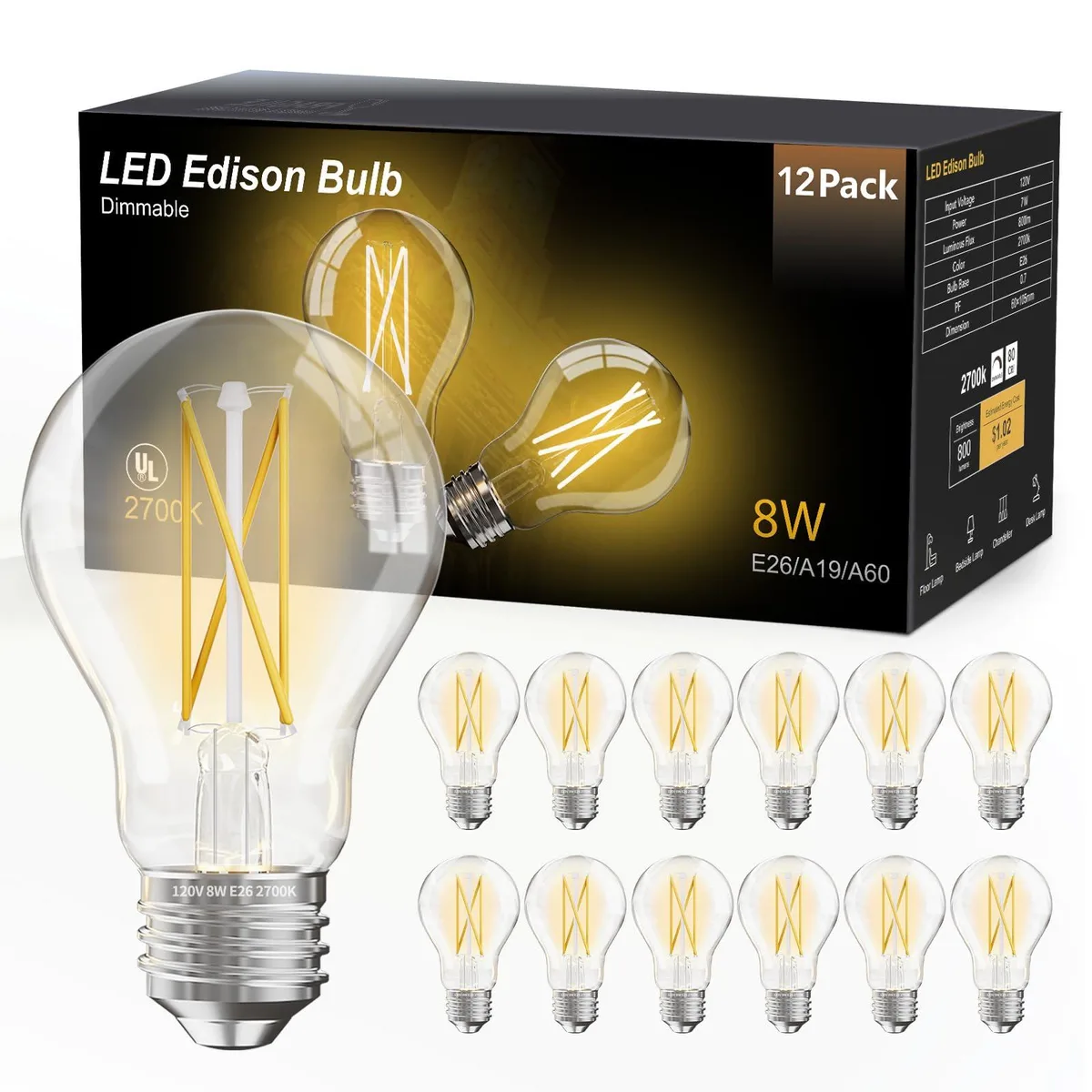  DAYBETTER 12 Pack A19 Vintage LED Edison Bulbs 60W Equivalent 8W E26 2700K 800lm Dimmable — product photo