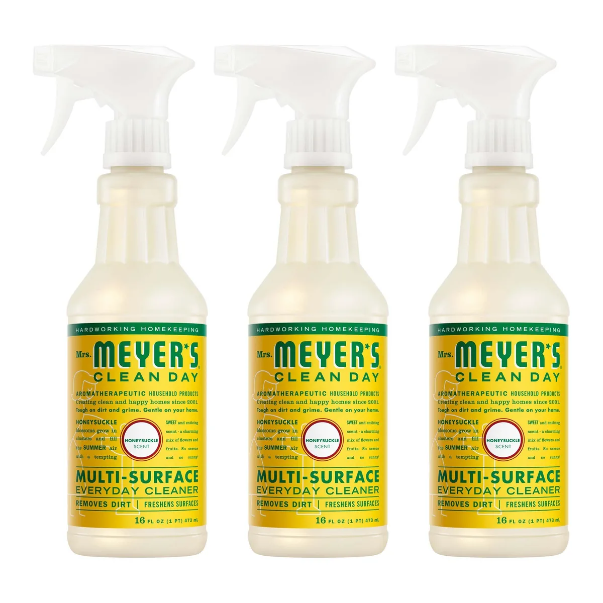 Three white spray bottles with honeysuckle labels in a pack