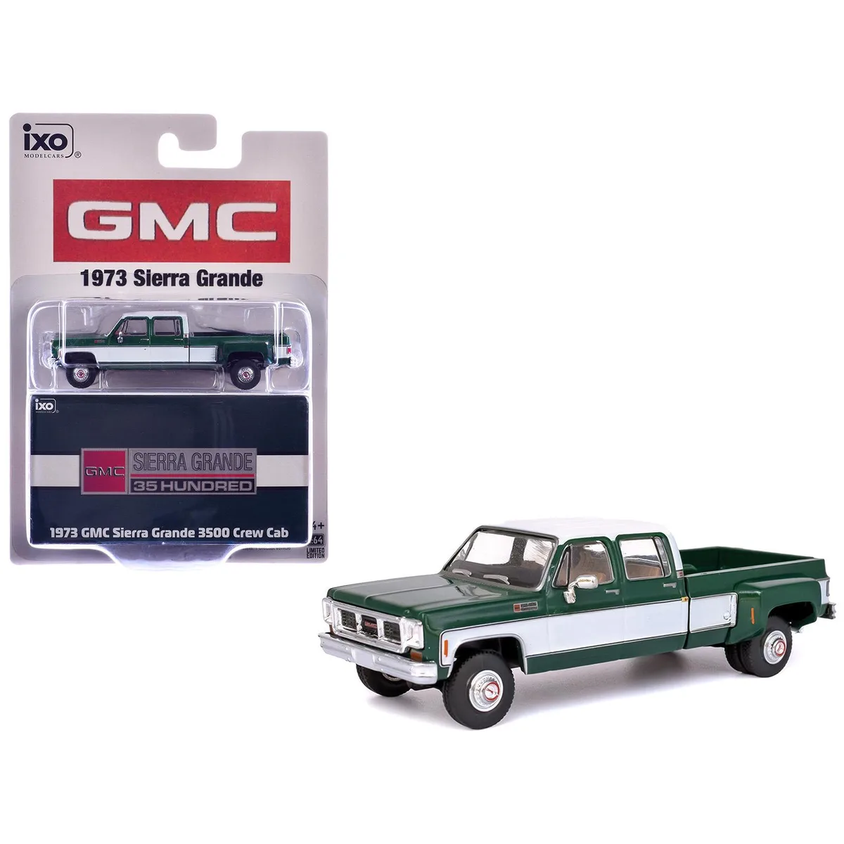ixo ixo 1973 GMC Sierra Grande 3500 Crew Cab Dually 1/64 Diecast Green White — product photo