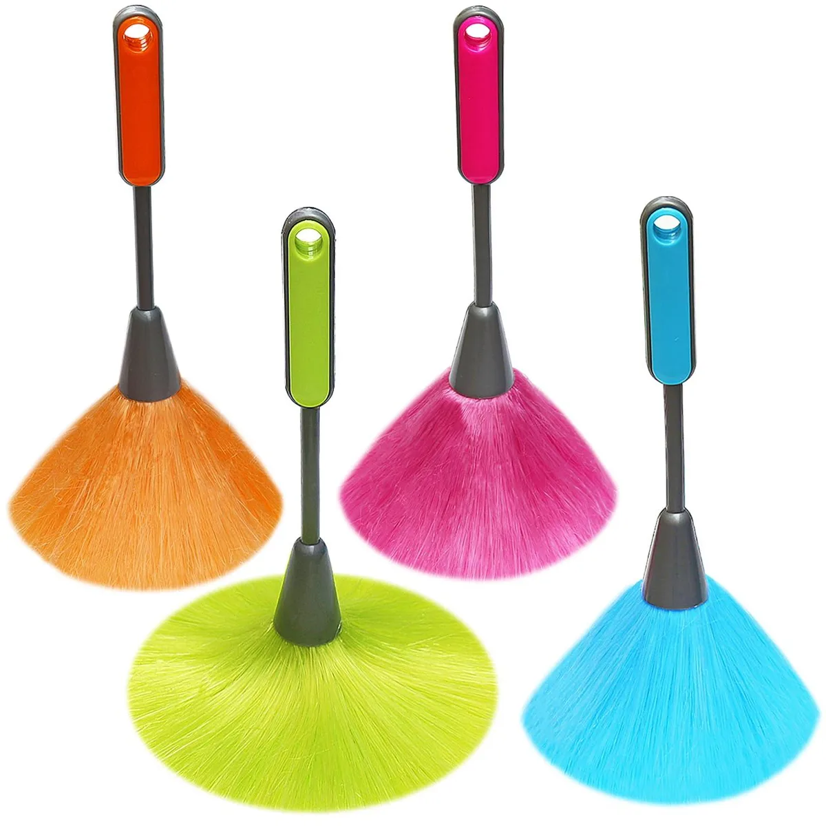 Four colour-coded 10 inch microfiber dusters with ergonomic handles and hanging loops