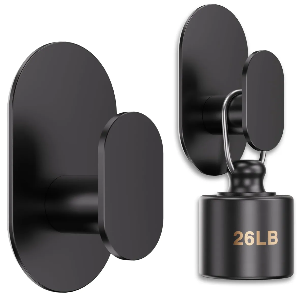 Two matte black stainless steel adhesive hooks, rectangular with rounded edges, shown as a pair
