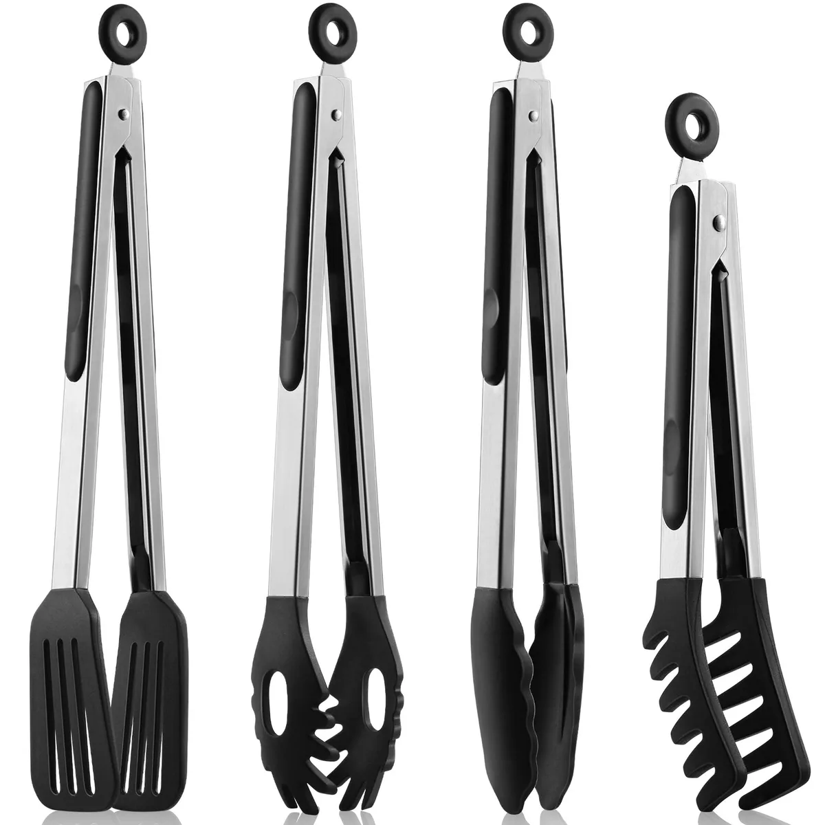 Set of four stainless steel kitchen tongs with black silicone tips, two 9-inch and two 12-inch lengths
