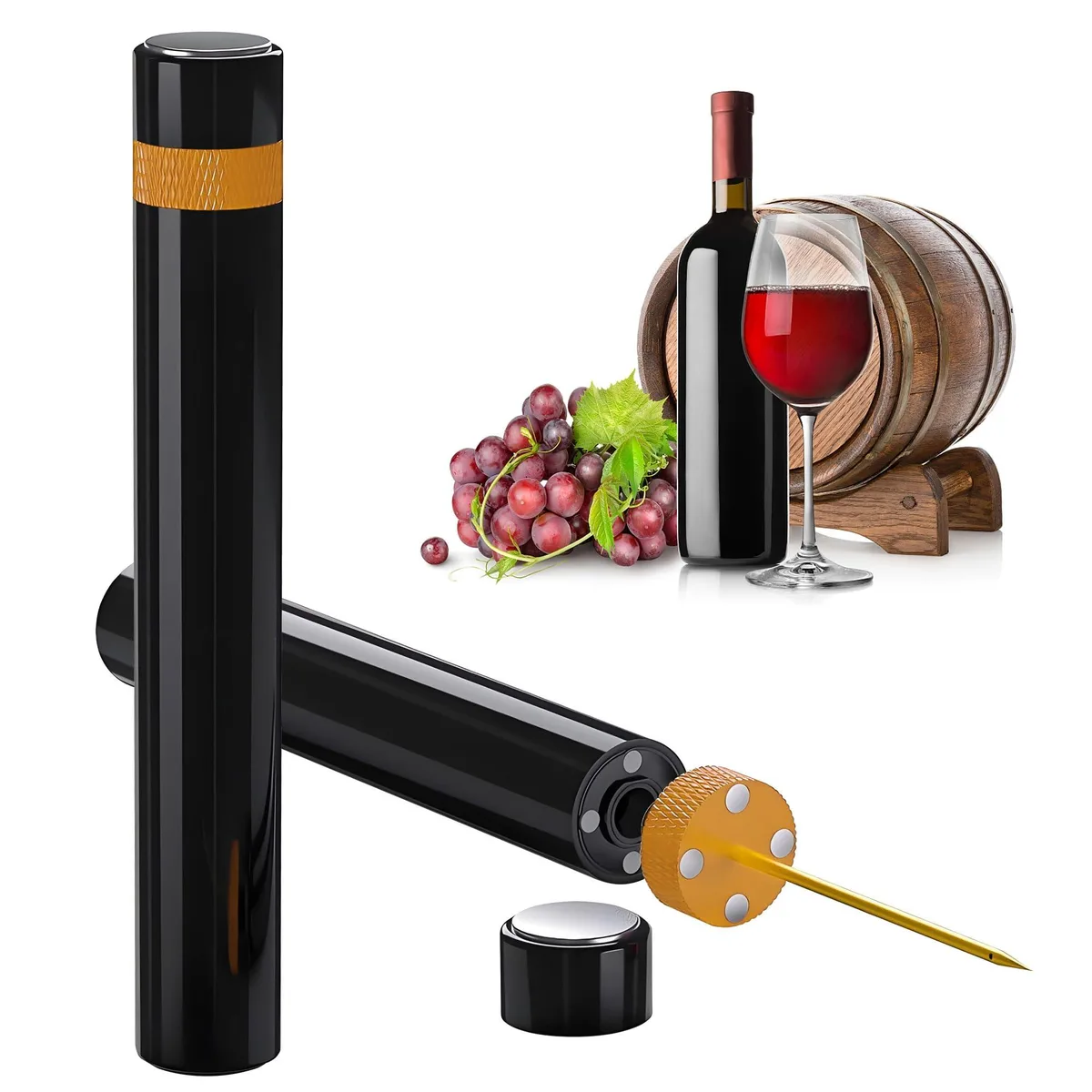 Compact metal air-pressure wine pump with retractable needle, 5.52 in long