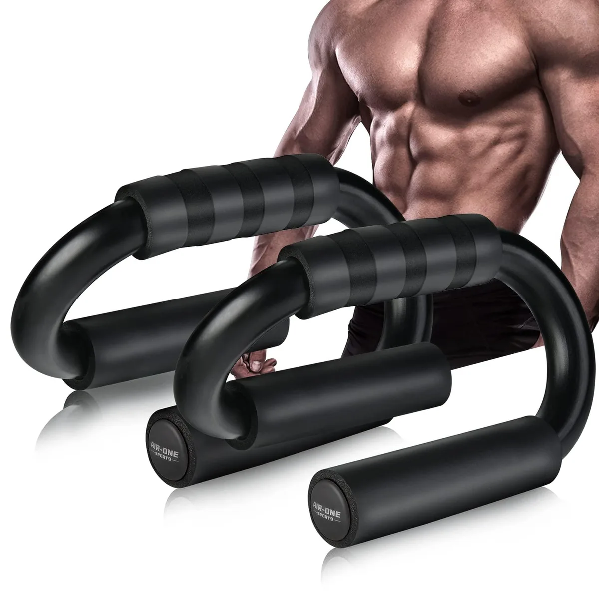 Black carbon steel push-up bars with thick foam grips, S-shaped frame, 14 inch width