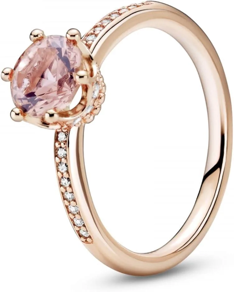 Pink crown solitaire ring rose gold plated silver band clear cubic zirconia accents