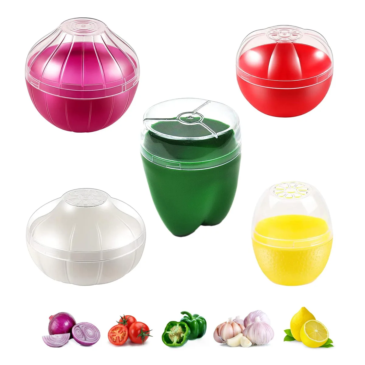Five green fruit-shaped containers with transparent lids