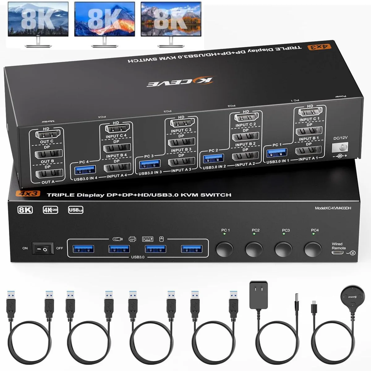 WRIARICH WRIARICH HDMI + 2 DisplayPort KVM Switch 3 Monitors 4 Computers 8K@60Hz 4K@144Hz — product photo