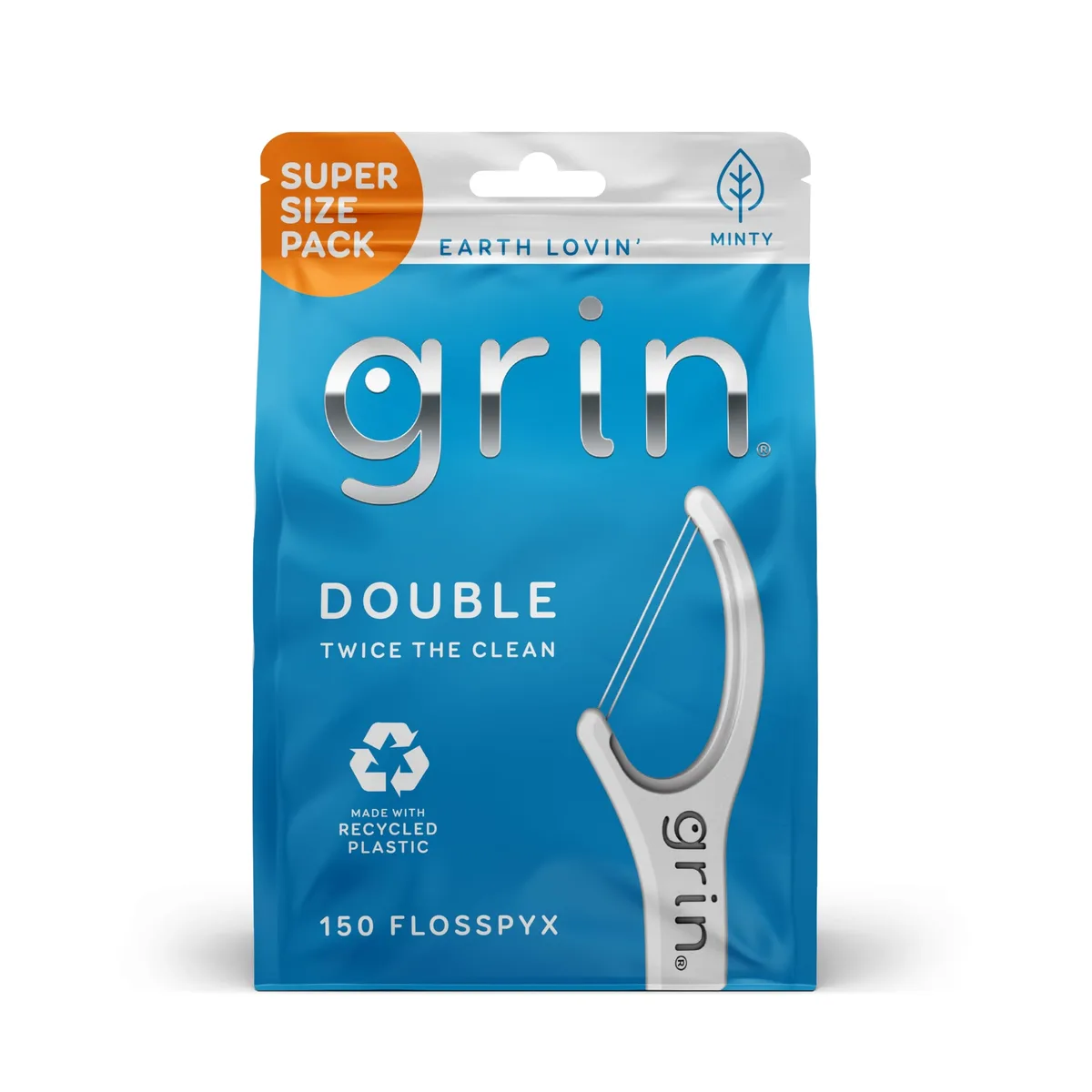 Blue dual-line dental floss picks in a 150-count pack made from recycled plastic