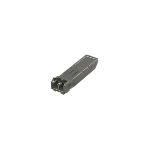 Small rectangular SFP transceiver module with LC duplex port, matte metal finish