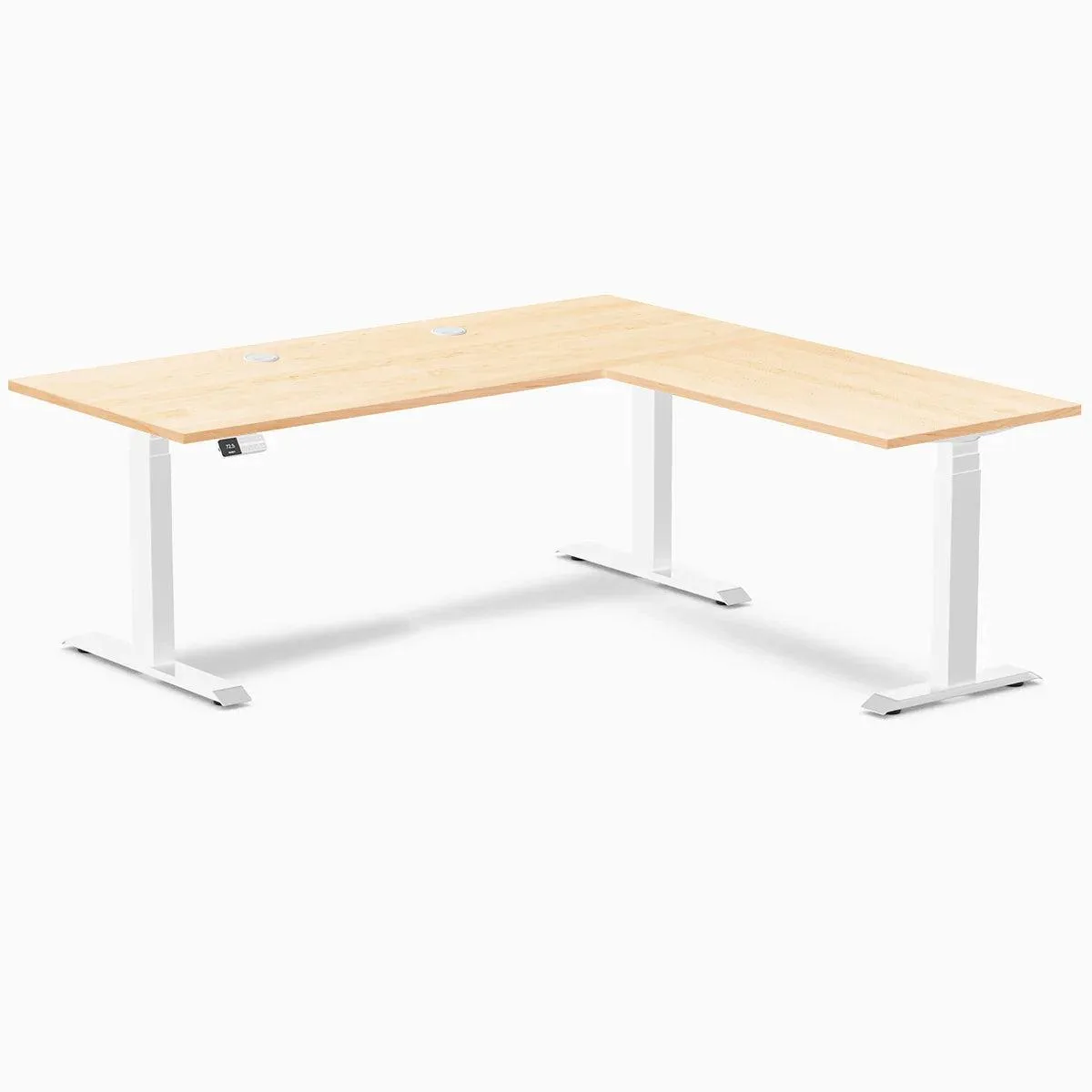 Desky Desky Hardwood L-Shape Sit Stand Desk Maple 72x30x70x24 in White Triple Motor 496 lbs — product photo